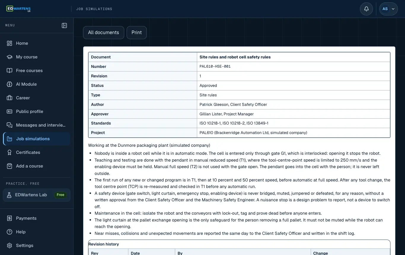 A project document in the Robotics Engineer job simulation with number, revision and status