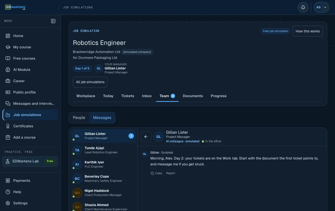 The Team screen of the Robotics Engineer job simulation with a chat open with an AI colleague