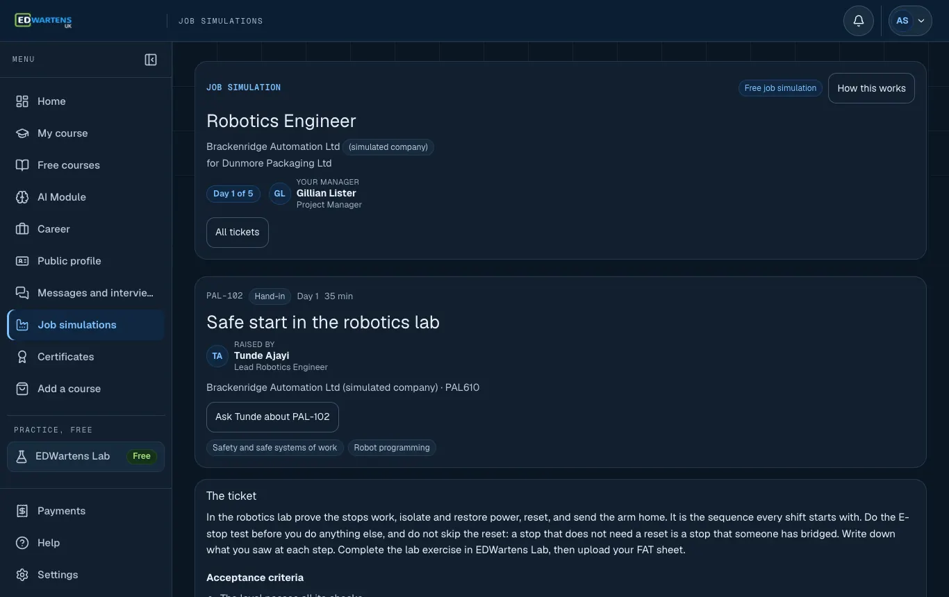 A ticket in the Robotics Engineer job simulation with its brief and acceptance points
