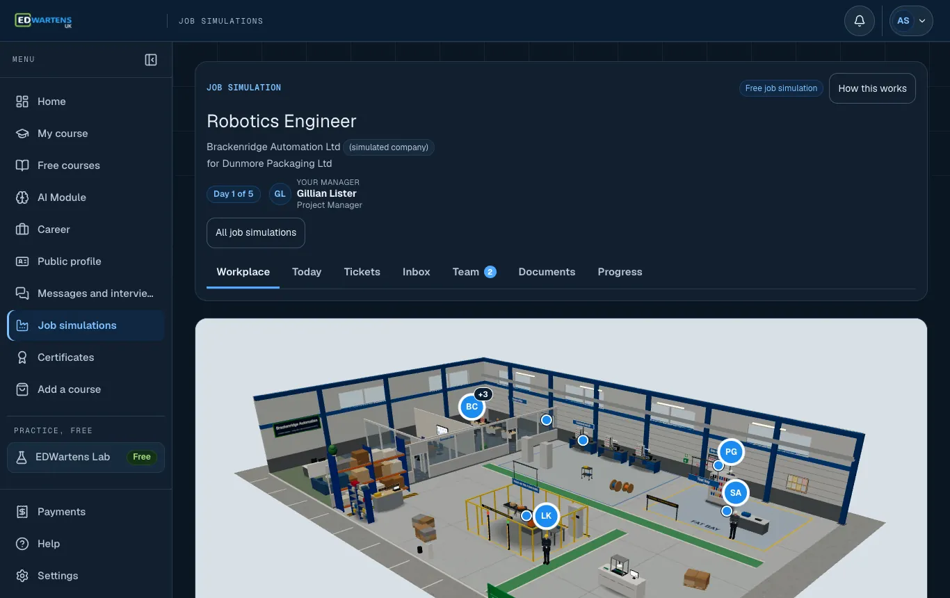 The workplace of the simulated company in the Robotics Engineer job simulation