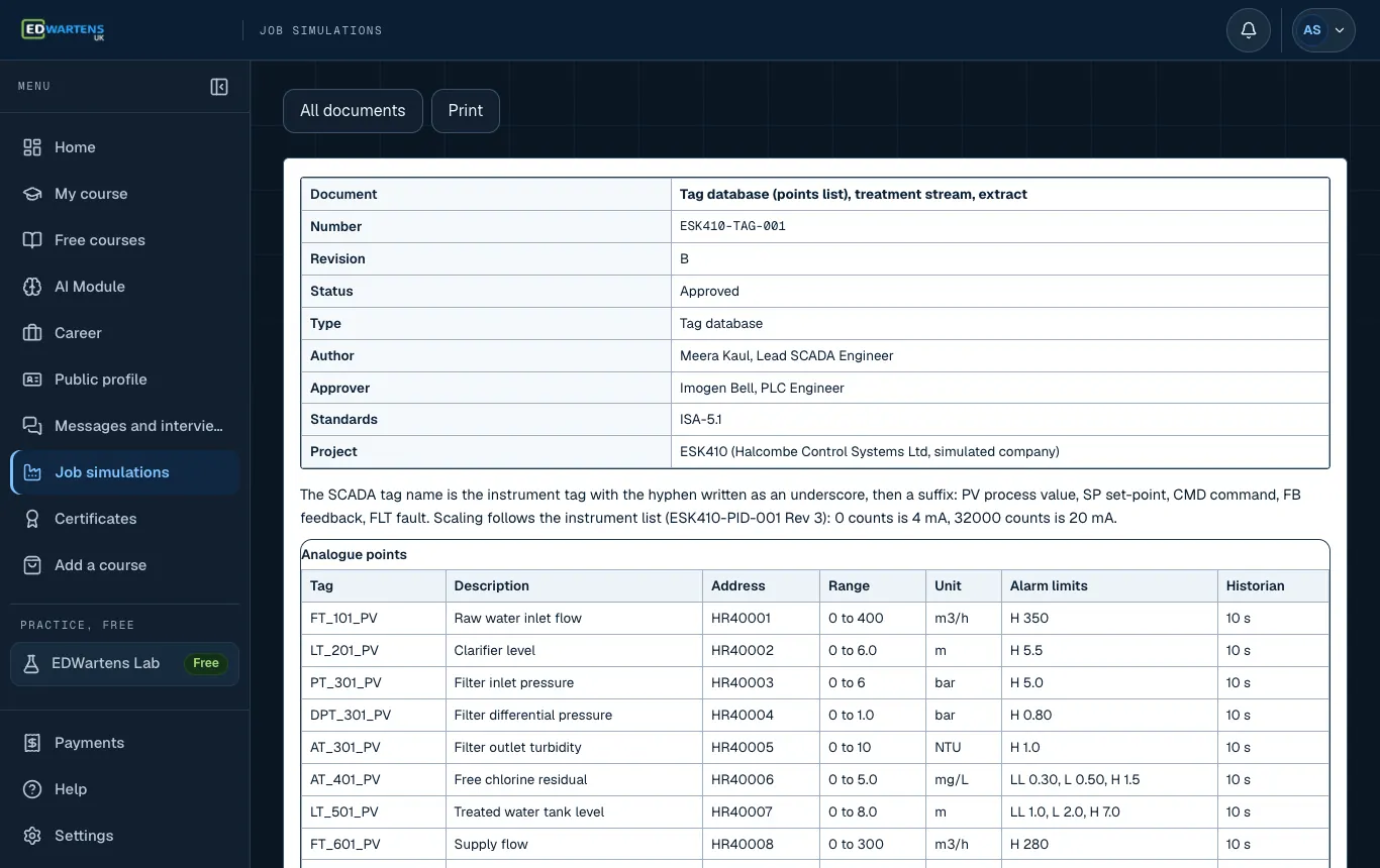 A project document in the SCADA and HMI Engineer job simulation with number, revision and status