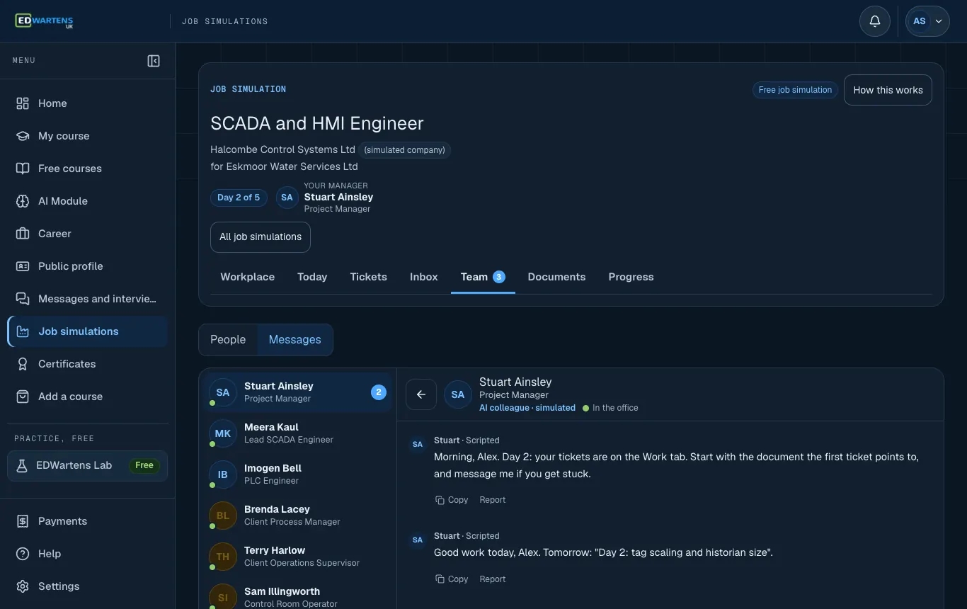 The Team screen of the SCADA and HMI Engineer job simulation with a chat open with an AI colleague