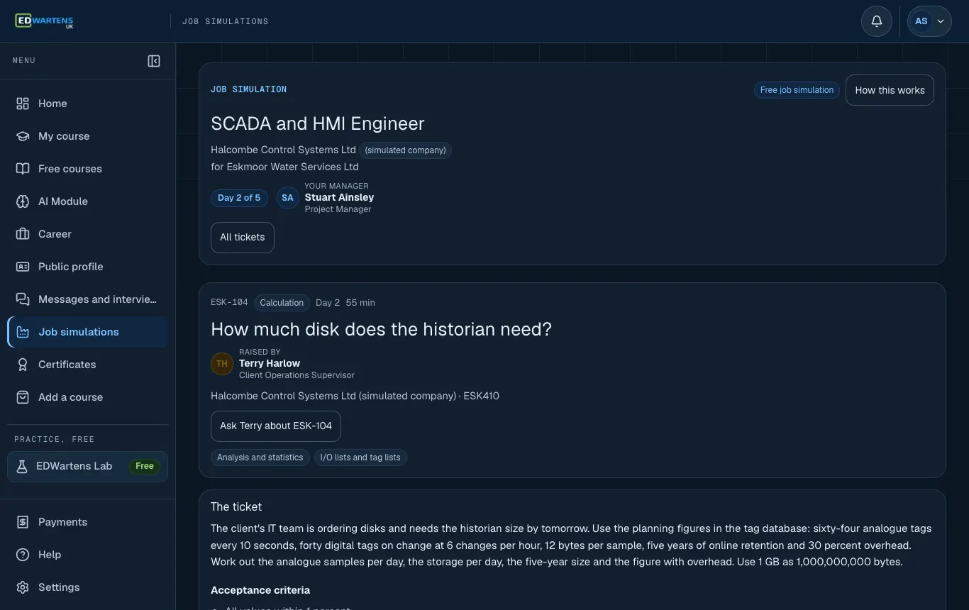 A ticket in the SCADA and HMI Engineer job simulation with its brief and acceptance points