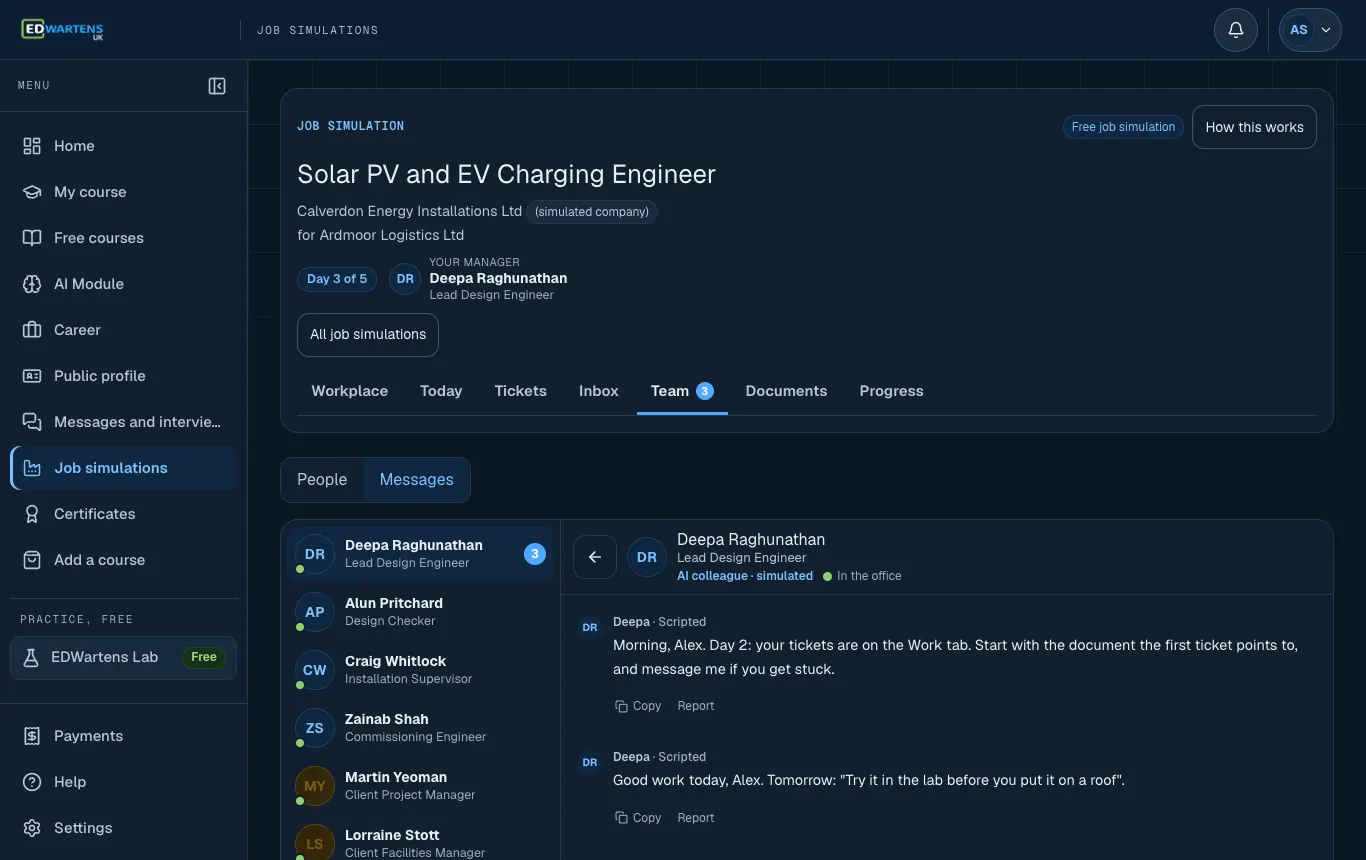 The Team screen of the Solar PV and EV Charging Engineer job simulation with a chat open with an AI colleague