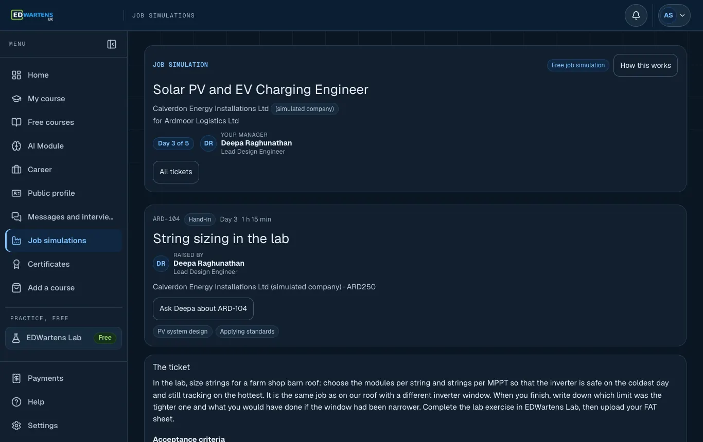 A ticket in the Solar PV and EV Charging Engineer job simulation with its brief and acceptance points