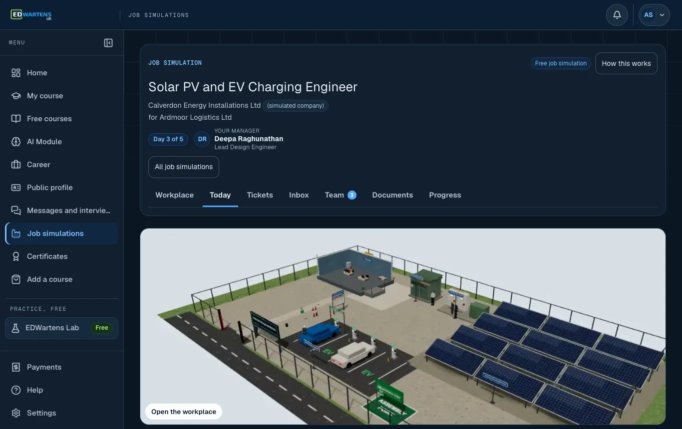 The Today screen of the Solar PV and EV Charging Engineer job simulation: the morning email and the day's tickets