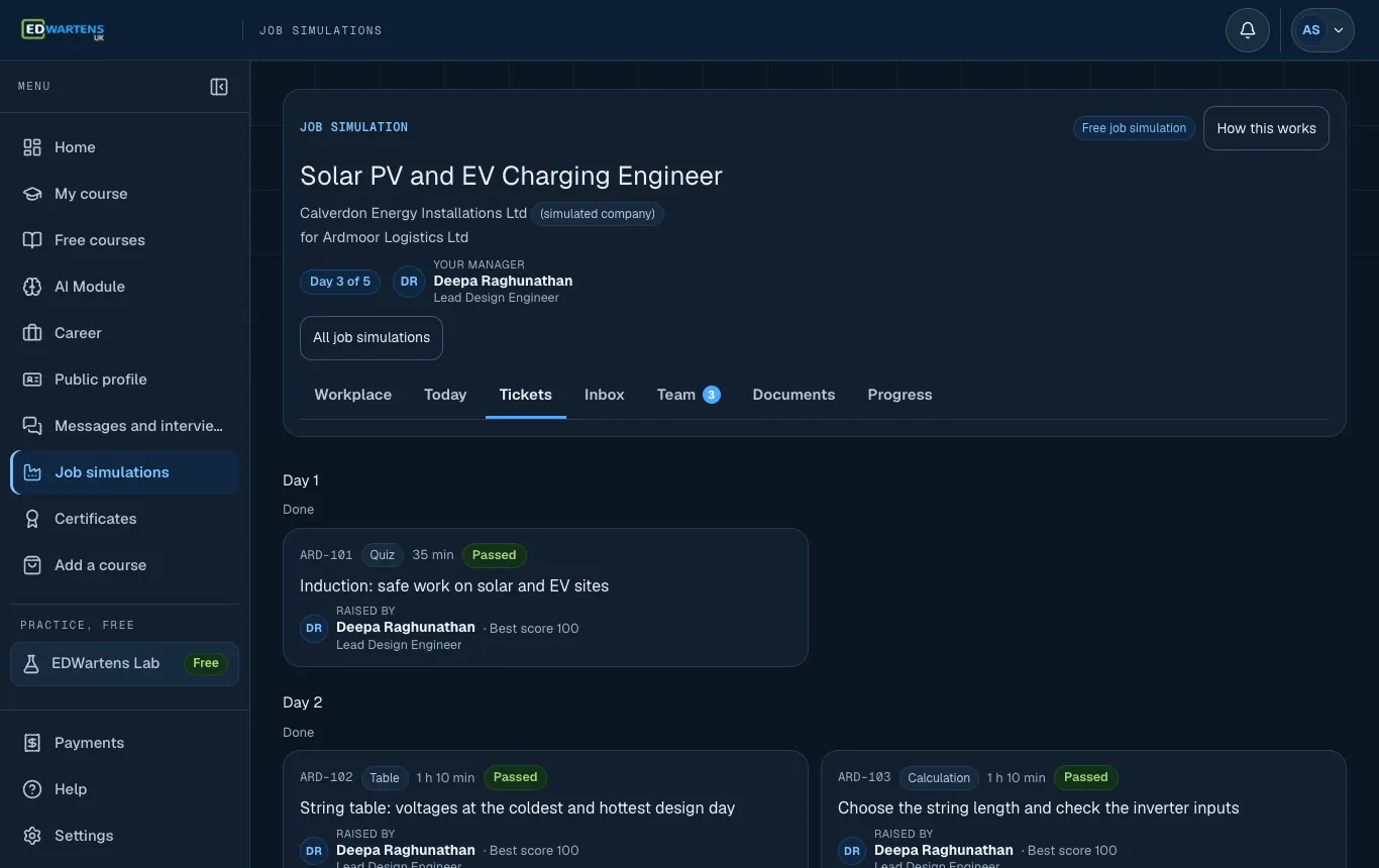 The Work screen of the Solar PV and EV Charging Engineer job simulation, listing tickets by day