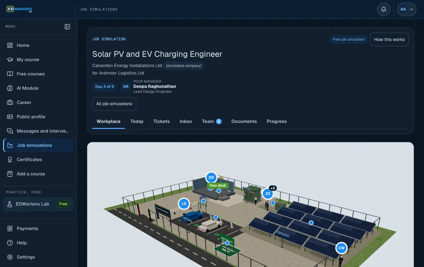 The workplace of the simulated company in the Solar PV and EV Charging Engineer job simulation