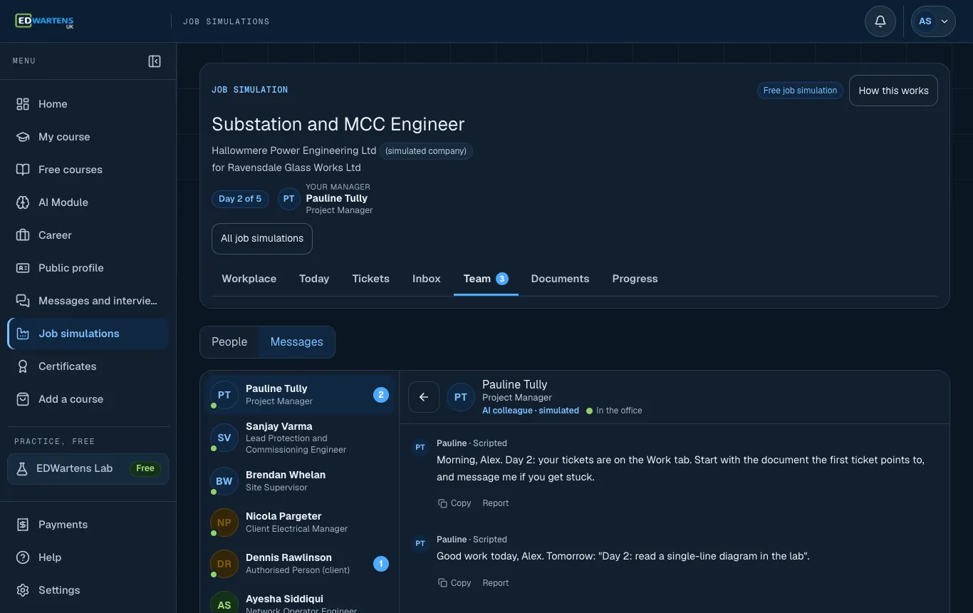 The Team screen of the Substation and MCC Engineer job simulation with a chat open with an AI colleague