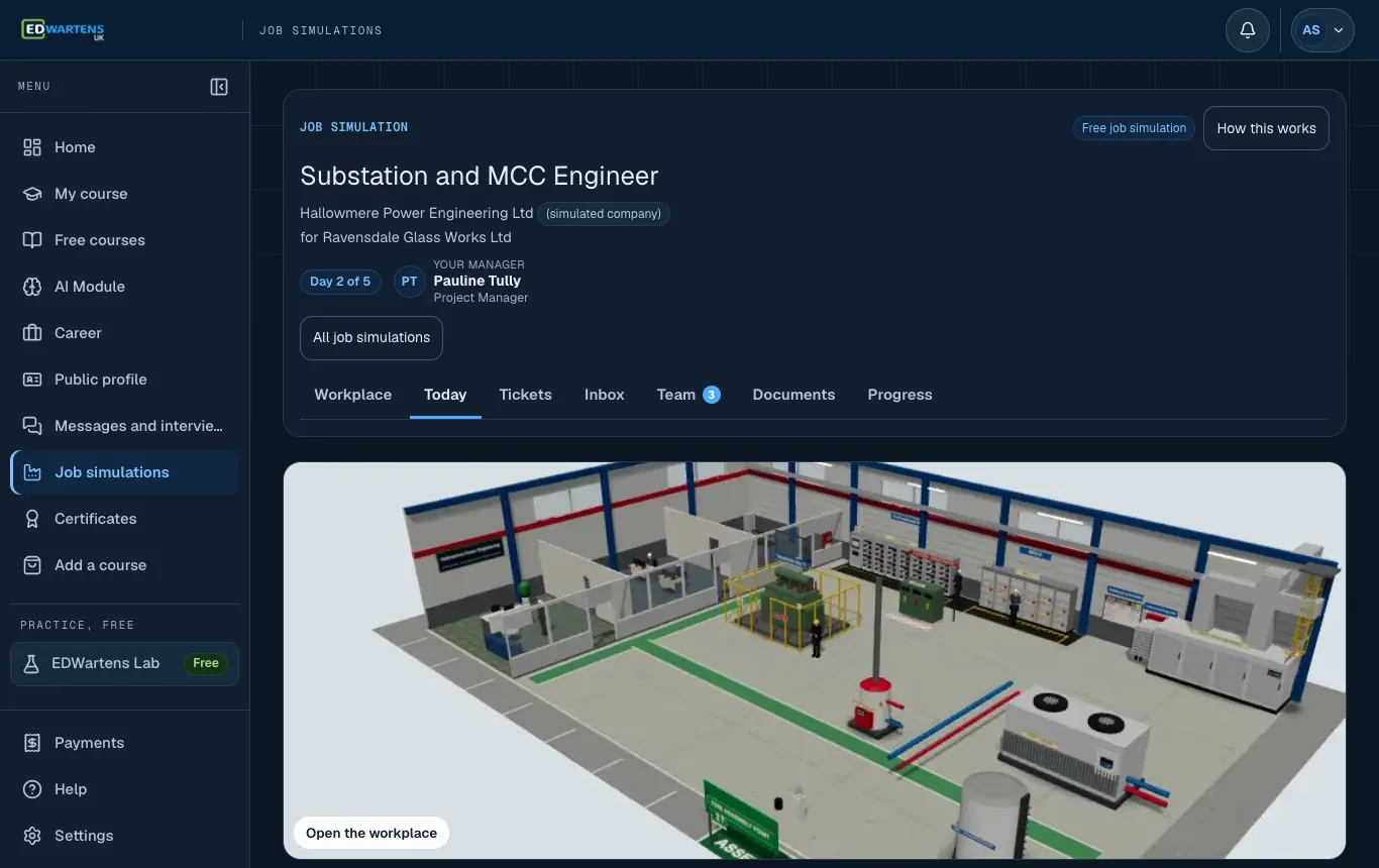 The Today screen of the Substation and MCC Engineer job simulation: the morning email and the day's tickets